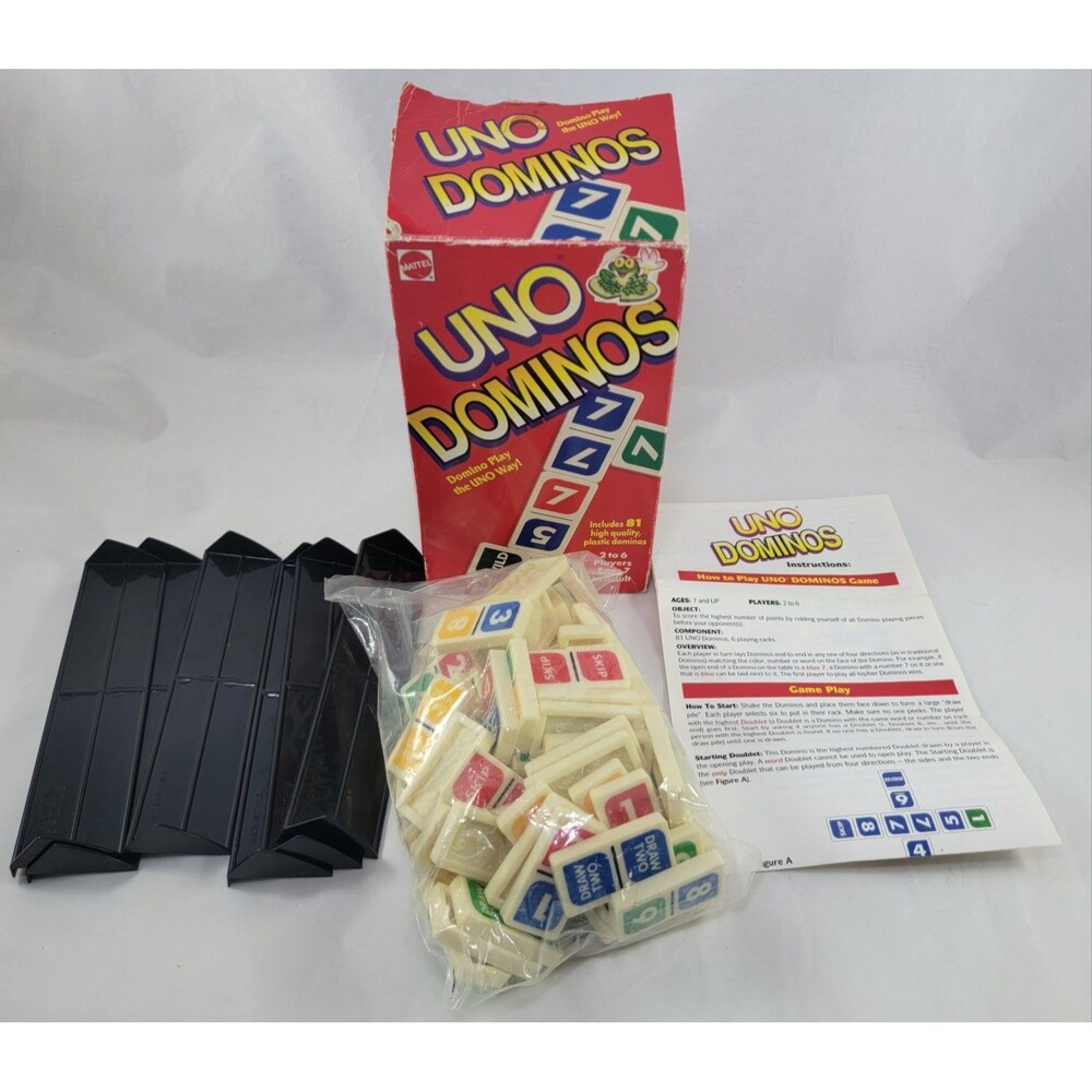 Uno Dominos Game Mattel 1995 99% COMPLETE w/Box & Instructions